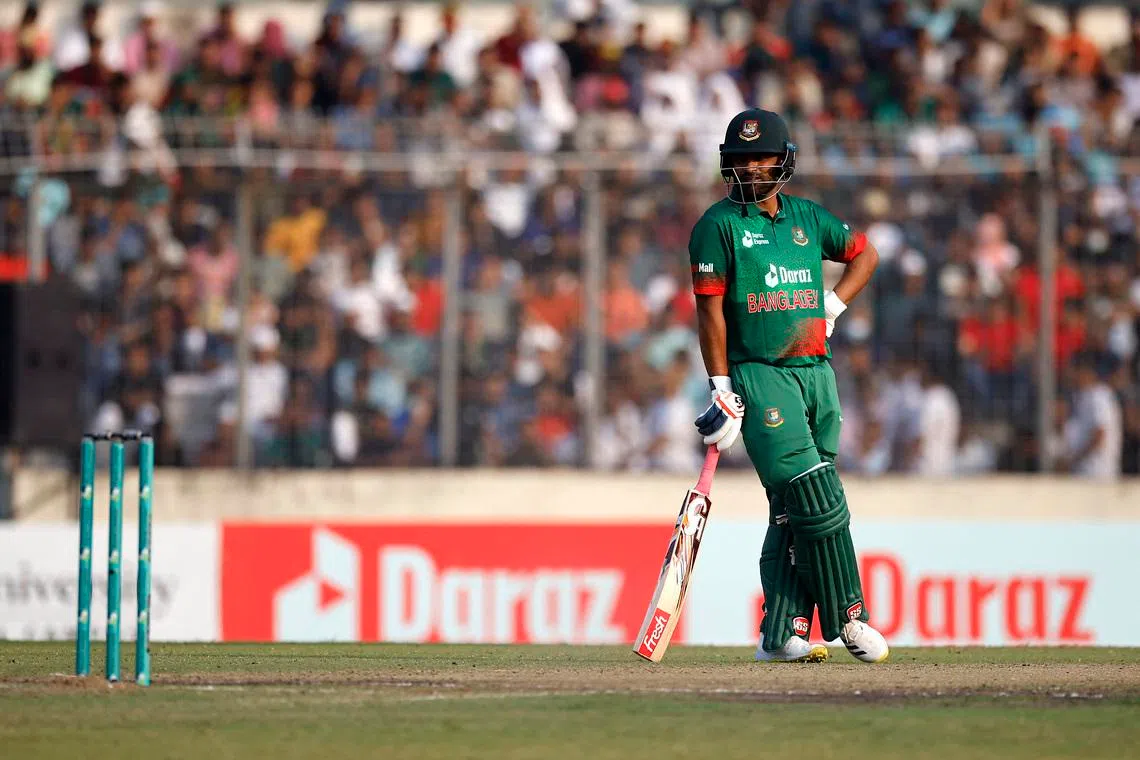 Cricket - Second ODI - Bangladesh v England - Sher-e-Bangla National Cricket Stadium, Dhaka, Bangladesh - March 3, 2023 Bangladesh's Tamim Iqbal reacts after the dismissal of Mushfiqur Rahman REUTERS/Adnan Abidi