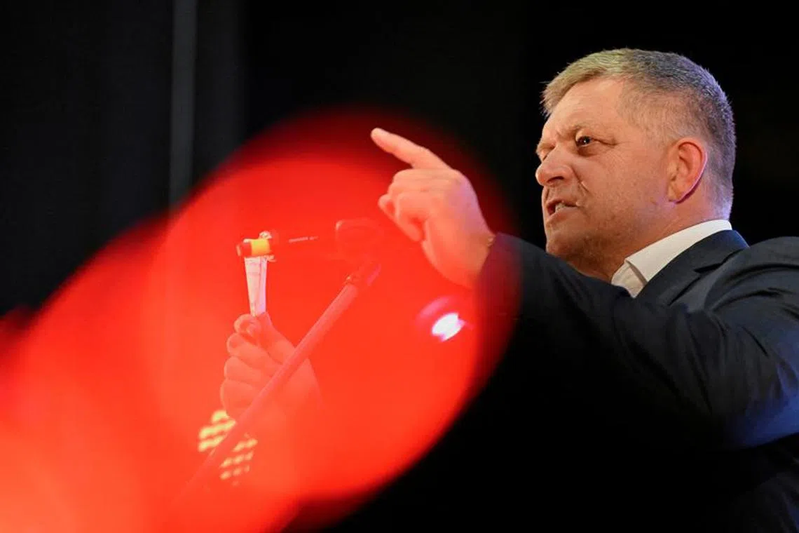 FILE PHOTO: Slovakia's former Prime Minister and leader of SMER-SSD party Robert Fico attends the party's election campaign rally, ahead of Slovakia's early parliamentary election in Banovce nad Bebravou, Slovakia, September 14, 2023. REUTERS/Radovan Stoklasa/File Photo