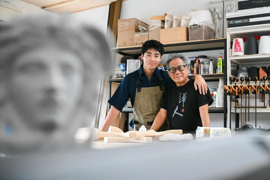 Tyrus Hong and his grandfather Tan Cheng Whatt inspire each other when they work in Tan’s home carpentry workshop. A Medusa figurine, fashioned by Tan, is a mini-monument to his grit and inventiveness with furniture-making.