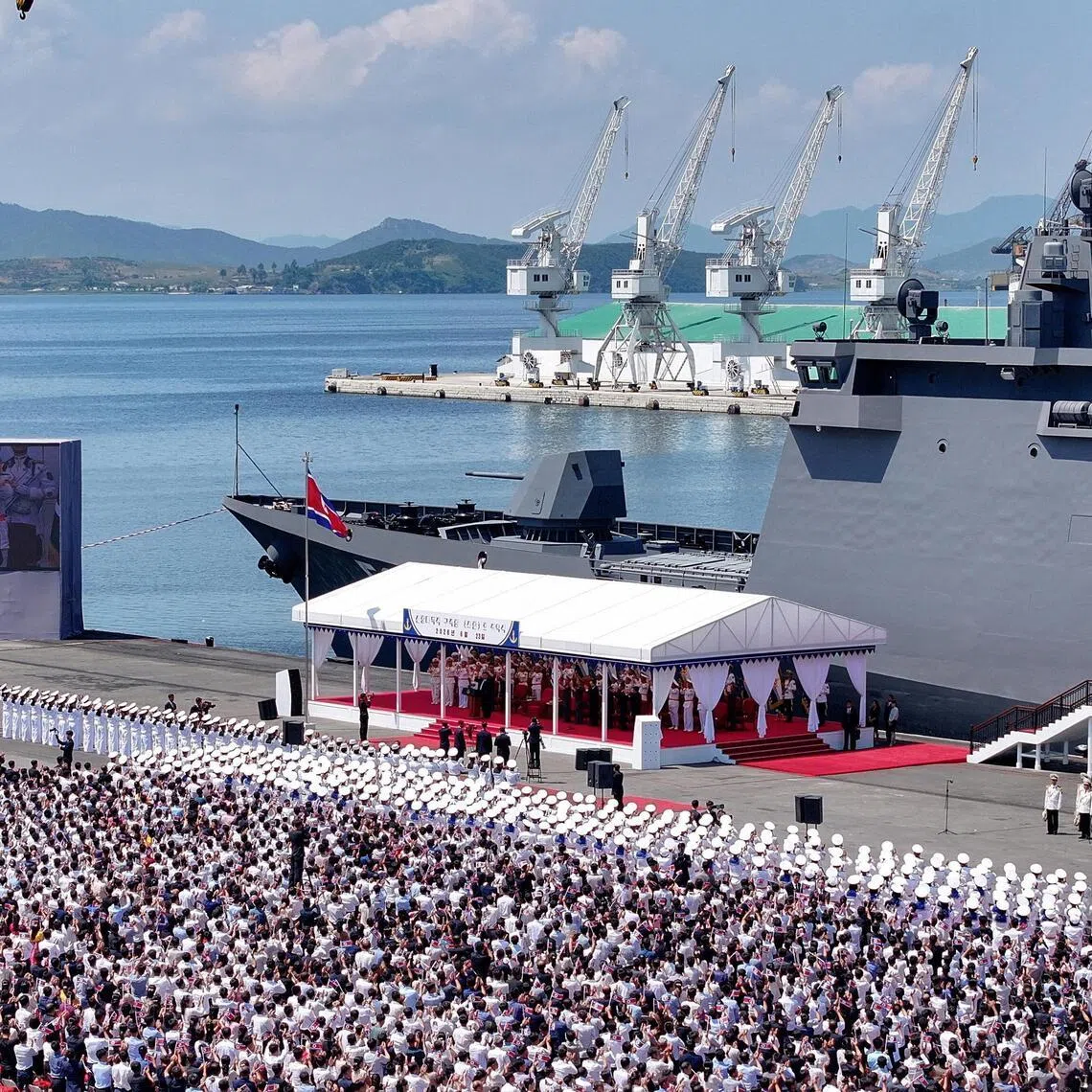 North Korean leader Kim Jong Un speaking during the commissioning ceremony of the new multipurpose destroyer Choe Hyon at Nampho port, North Korea on June 23, 2026.