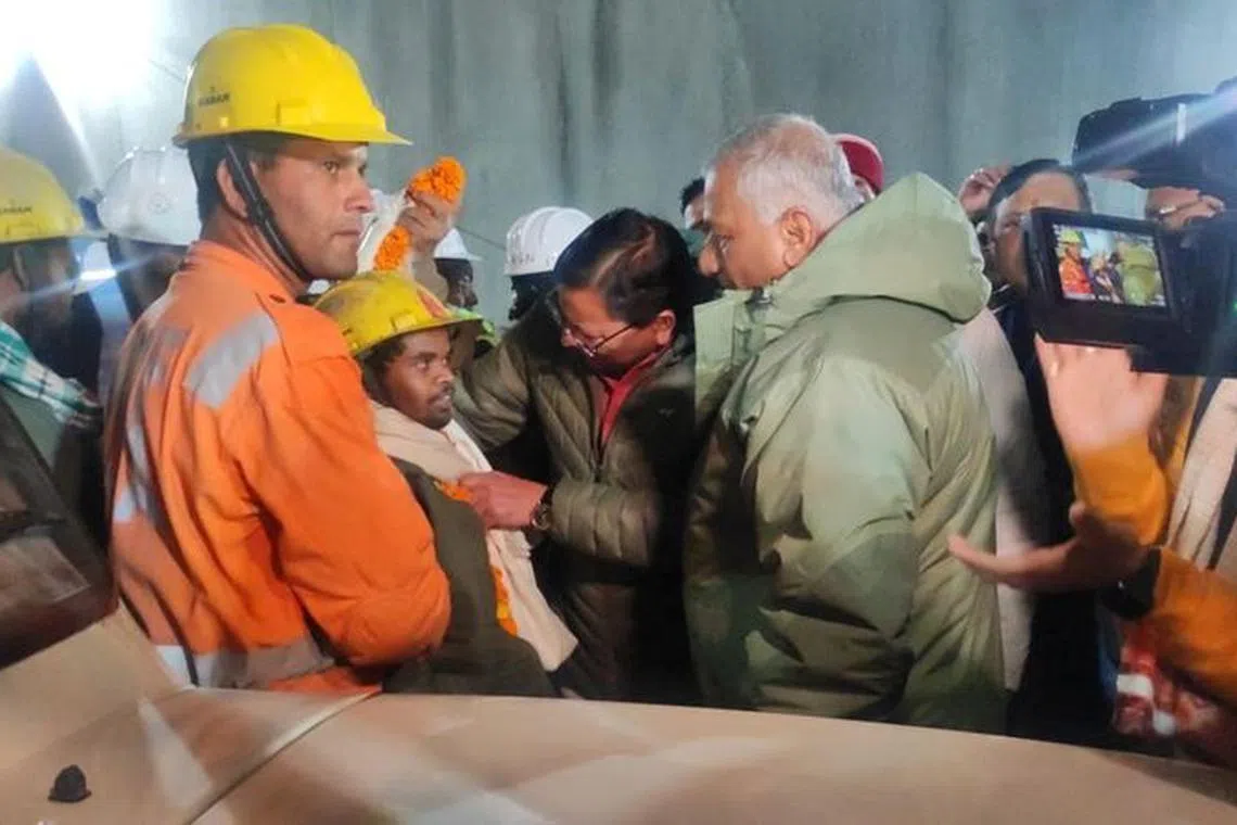 One of the trapped workers is checked out after he was rescued from the collapsed tunnel site in Uttarkashi in the northern state of Uttarakhand, India, November 28, 2023. Uttarkashi District Information Officer/Handout via REUTERS/ File Photo
