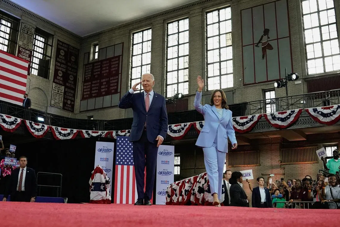 US President Joe Biden and US Vice-President Kamala Harris waving to supporters at a campaign event in Philadelphia, on May 29.