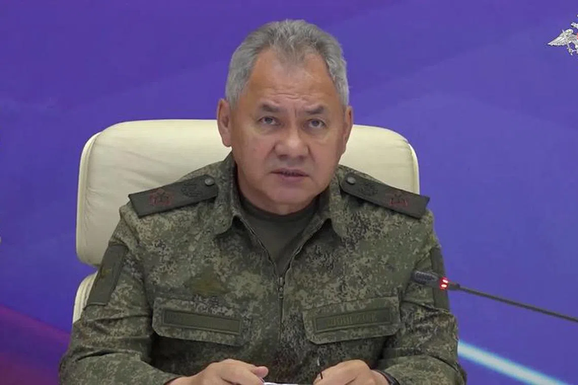 Russian Defence Minister Sergei Shoigu attends a meeting with the commanders of troops fighting in Ukraine, at an unknown location, in this still image from video released October 5, 2023. Russian Defence Ministry/Handout via REUTERS/File Photo