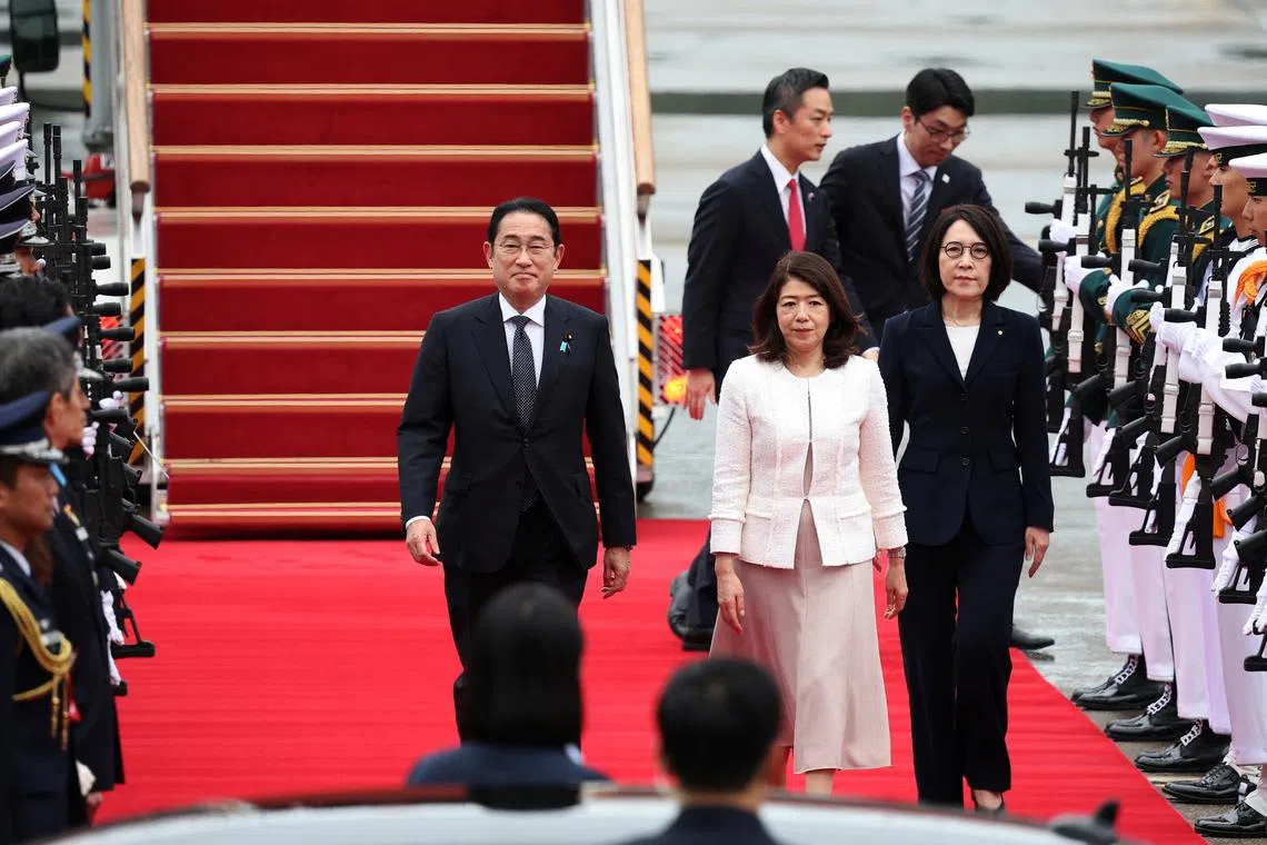 Japanese Prime Minister Fumio Kishida and his wife Yuko Kishida inspect an honor guard upon their arrival to Seoul Air base in Seongnam, South Korea, September 6, 2024. REUTERS/Kim Hong-Ji