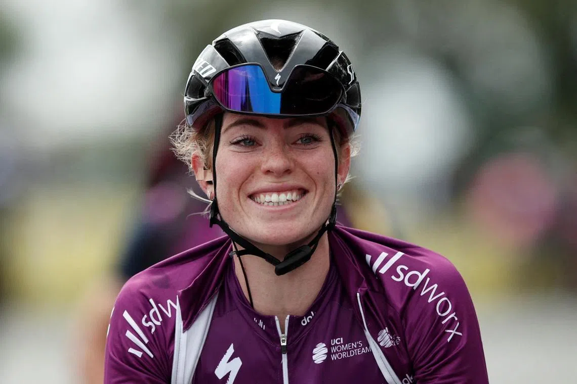 FILE PHOTO: Cycling - La Course by Tour de France - Brest to Landerneau - France - June 26, 2021 Team Sd Worx Women Cycling Team's Demi Vollering celebrates after winning the stage Pool via REUTERS/Benoit Tessier/File Photo