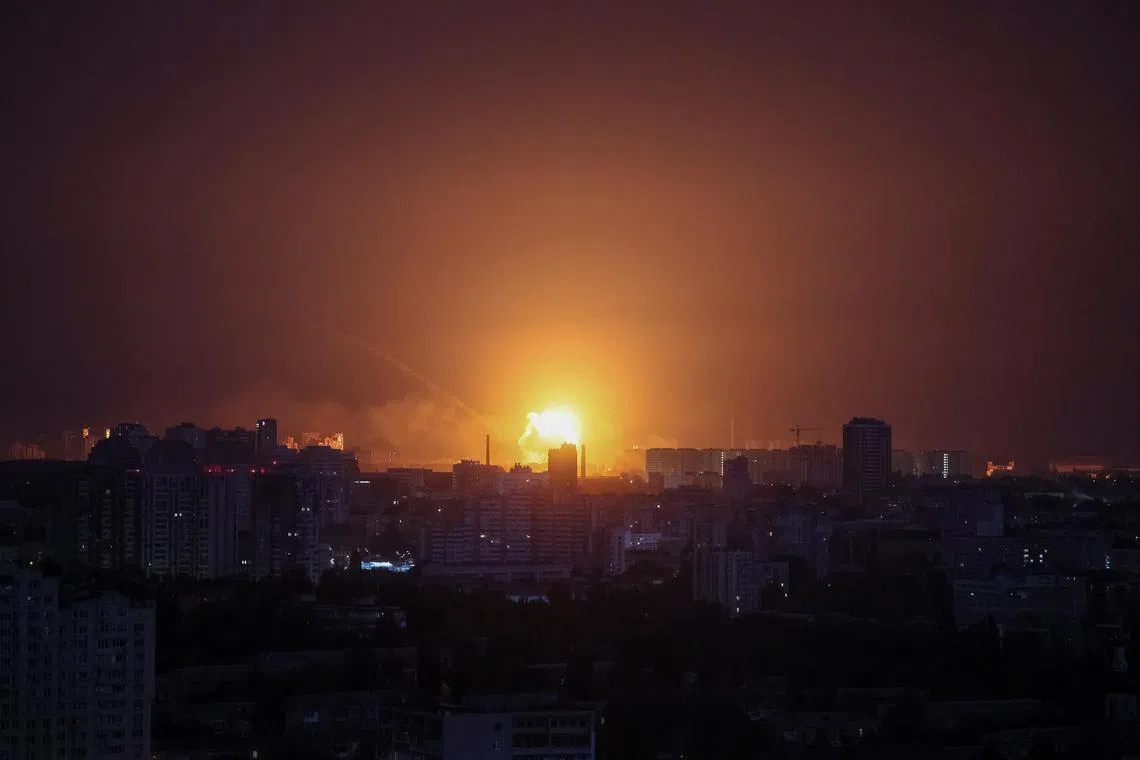 An explosion after a Russian missile strike is seen in the sky over the city during a Russian missile attack, amid Russia's attack on Ukraine, in Kyiv, Ukraine on Sept 2, 2024. 