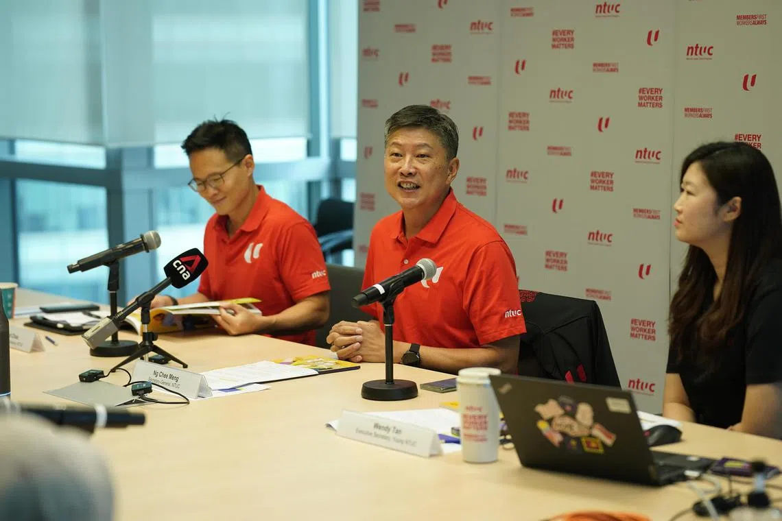 rantuc -  (L-R) National Trades Union Congress (NTUC) assistant secretary-general Desmond Choo, NTUC secretary-general Ng Chee Meng and Young NTUC executive Wendy Tan give a briefing to the media on July 12 about NTUC's upcoming initiatives to ramp up support for youths as they transition from school to work.

Photo credit: NTUC