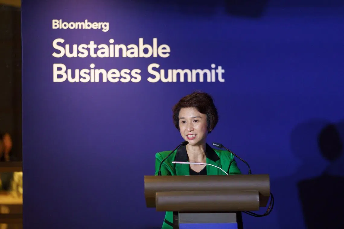 Low Yen Ling, senior minister of Singapore’s State Ministry of Trade and Industry, speaks during the Bloomberg Sustainable Business Summit.