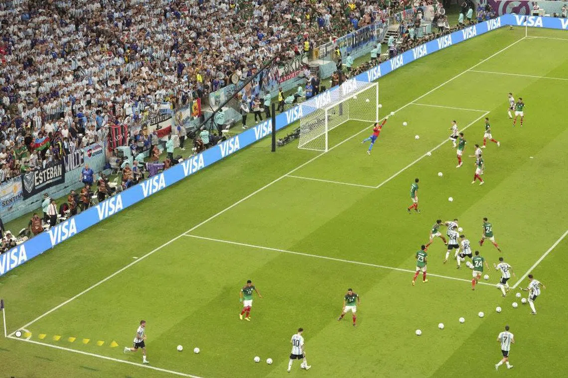 In a composite image, Argentina plays short through Lionel Messi on a corner, scoring a goal against Mexico during the 2022 World Cup on Nov. 26, 2022. In an era when almost every aspect of high-level soccer has become globalized, one matter remains defiantly distinct from country to country: how best to take and defend corners. (Bedel Saget/The New York Times; Composite Image by Jon Huang/The New York Times)