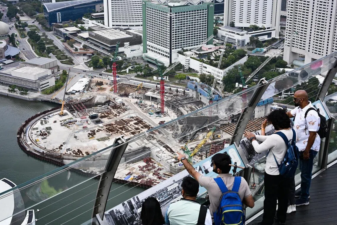 Construction progress of NS Square’s stage, seen in January 2026 from Marina Bay Sands’ SkyPark Observation Deck.