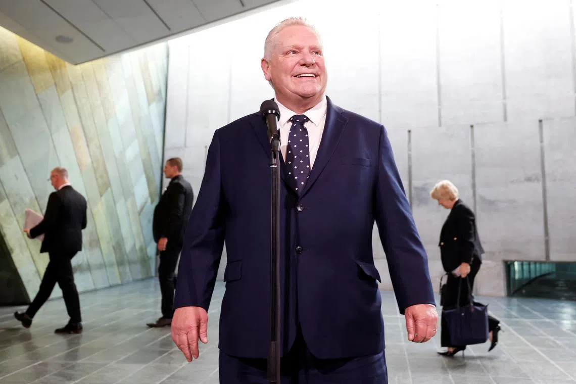 Ontario Premier Doug Ford speaks to journalists before a meeting with federal, provincial and territorial leaders at the Canadian War Museum in Ottawa, Ontario, Canada March 21, 2025. REUTERS/Blair Gable/File Photo