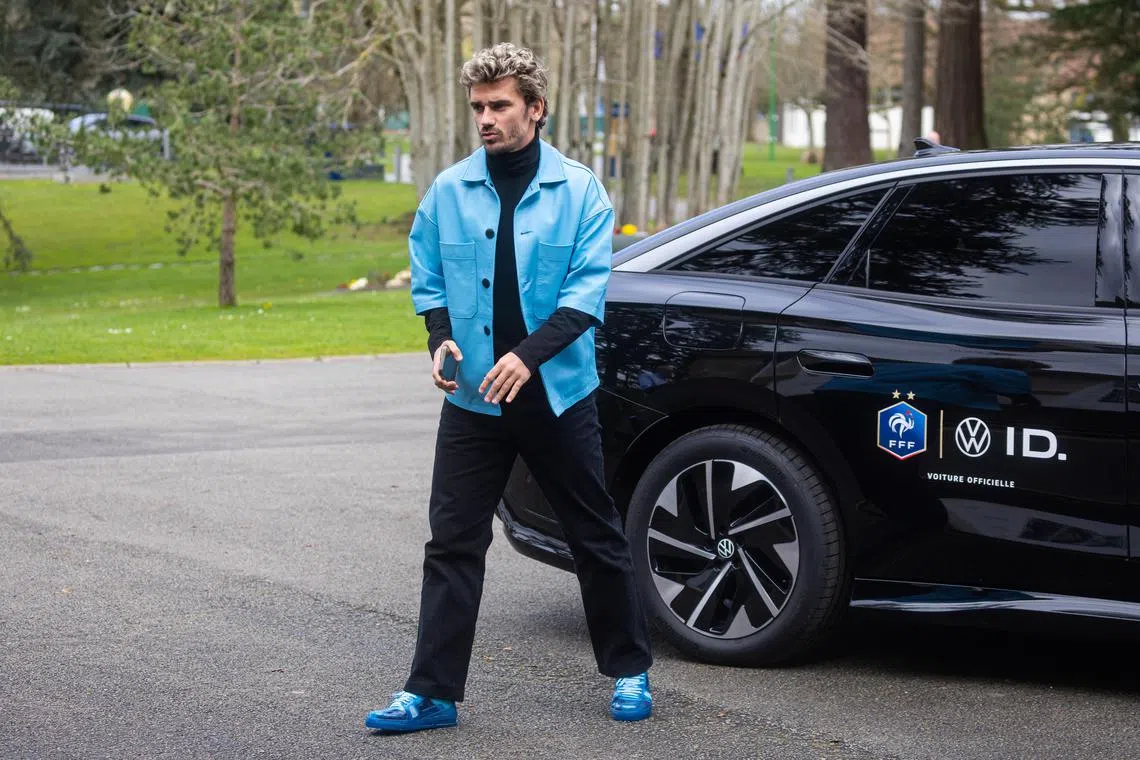 France forward Antoine Griezmann arrives at the national team's training complex ahead of a training session in Clairefontaine-en-Yvelines, south of Paris.