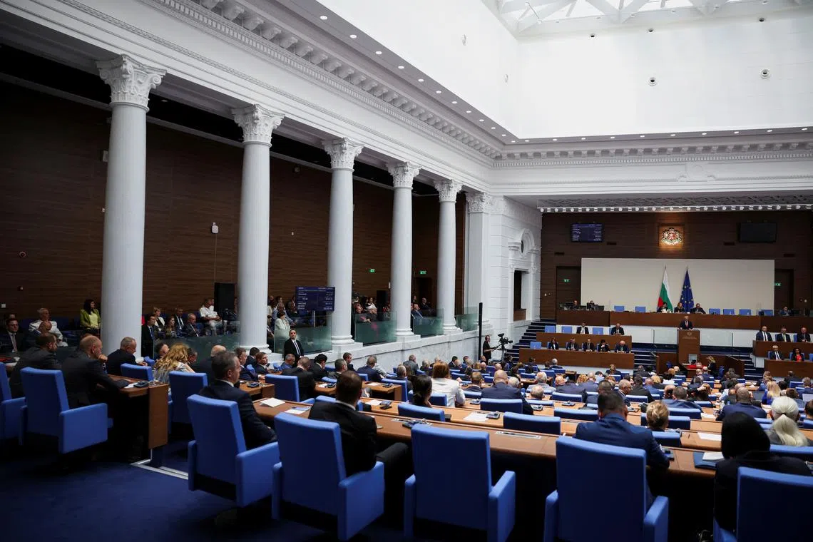 FILE PHOTO: A general view shows the Bulgarian parliament during debates before the voting on a new government, Sofia, Bulgaria, July 3, 2024. REUTERS/Spasiyana Sergieva/File Photo