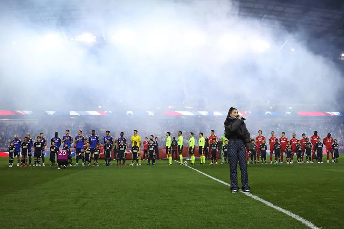 FILE PHOTO: Nov 4, 2023; Harrison, NJ, USA; Enisa performs the National Anthem before the game between FC Cincinnati and New York Red Bulls of game two in a round one match of the 2023 MLS Cup Playoffs at Red Bull Arena. Mandatory Credit: Vincent Carchietta-USA TODAY Sports/File Photo
