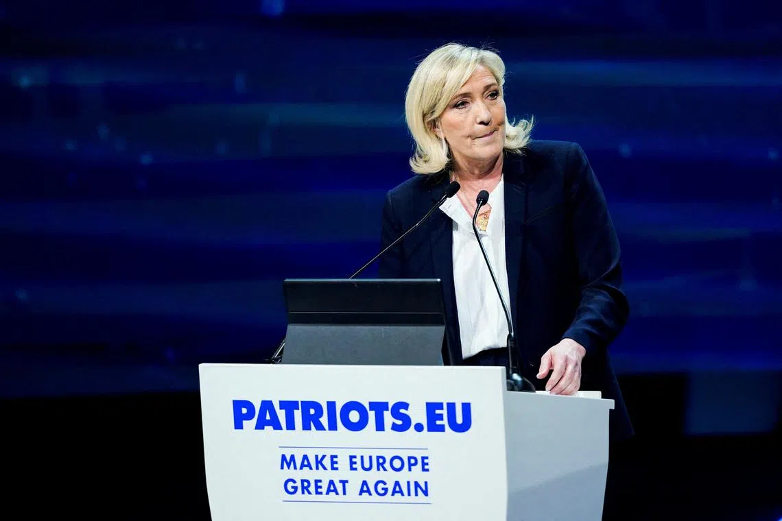 FILE PHOTO: French far-right leader and member of parliament Marine Le Pen, President of the French far-right National Rally (Rassemblement National - RN) party parliamentary group speaks at a Spanish far-right party VOX rally, in Madrid, Spain, February 8, 2025. REUTERS/Ana Beltran/File Photo