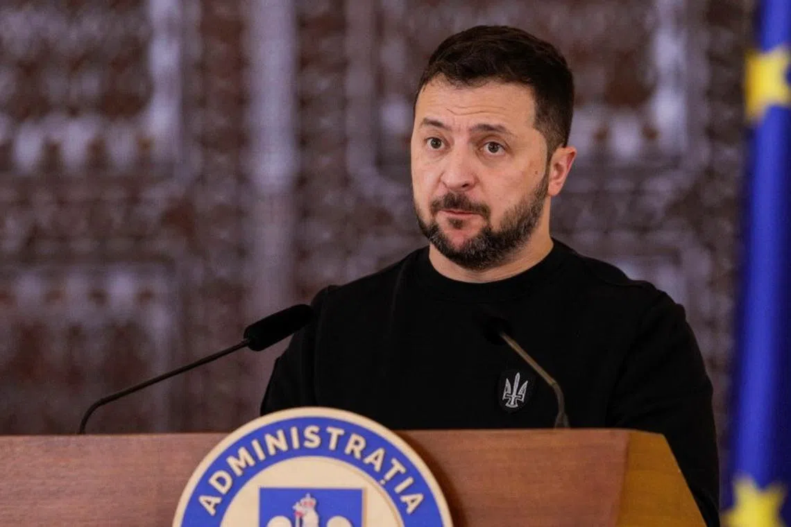 Ukrainian President Volodymyr Zelenskiy looks on during a press conference held with Romania's President Klaus Werner Iohannis (not pictured) in Bucharest, Romania, October 10, 2023. Inquam Photos/Octav Ganea via REUTERS/File Photo