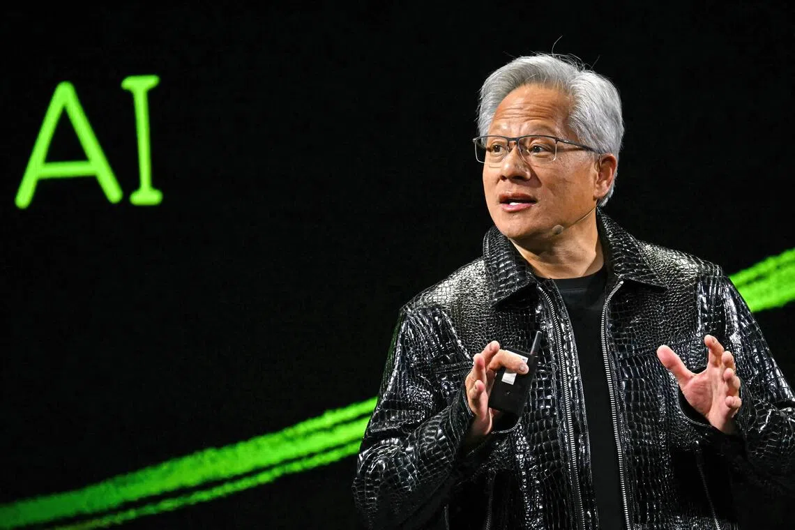 (FILES) Nvidia CEO Jensen Huang delivers a keynote address at the Consumer Electronics Show (CES) in Las Vegas, Nevada on January 6, 2025. Stock markets fluctuated on August 27, 2025, as investors braced for a key earnings update from AI giant Nvidia, whose robust growth has largely driven strong gains for tech stocks in recent months. (Photo by Patrick T. Fallon / AFP)