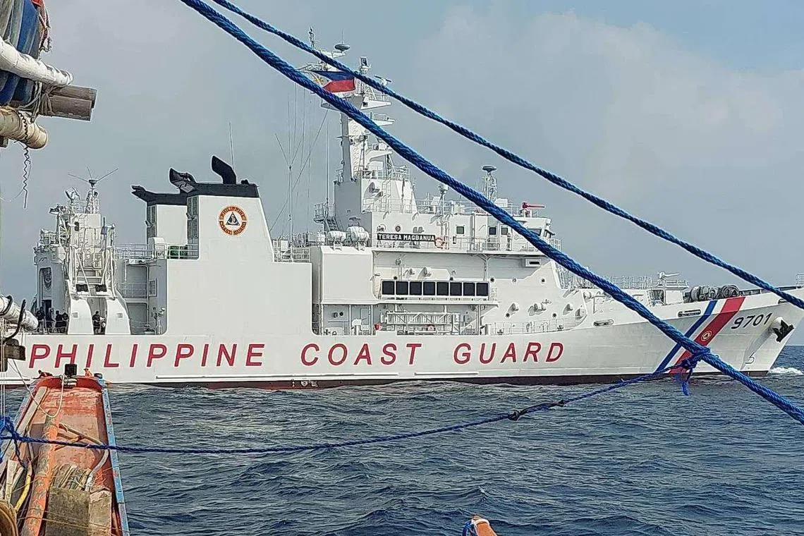 The Philippine Coast Guard's flagship BRP Terersa Magbanua patrolling waters near the Spratly Islands in the South China Sea on Feb 9, 2023.