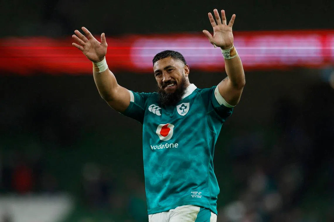 Rugby Union - Autumn Internationals - Ireland v Australia - Aviva Stadium, Dublin, Ireland - November 15, 2025 Ireland's Bundee Aki celebrates after the match REUTERS/Clodagh Kilcoyne