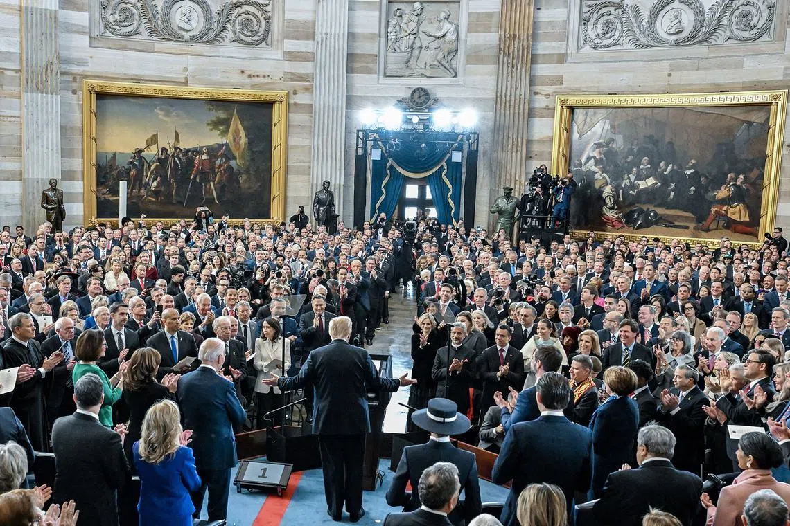 US President Donald Trump speaks during the inauguration ceremony on Jan 20, 2025. 
