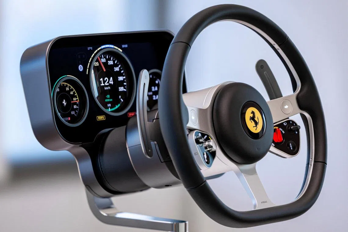 The steering assembly of the Luce, Ferrari’s first fully electric supercar, is seen in this undated handout image.