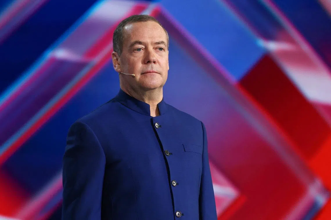 Deputy Chairman of the Russian Security Council Dmitry Medvedev speaks during the Znaniye.Pervye educational marathon in Moscow, Russia April 30, 2026. Sputnik/Yekaterina Shtukina/Pool via REUTERS