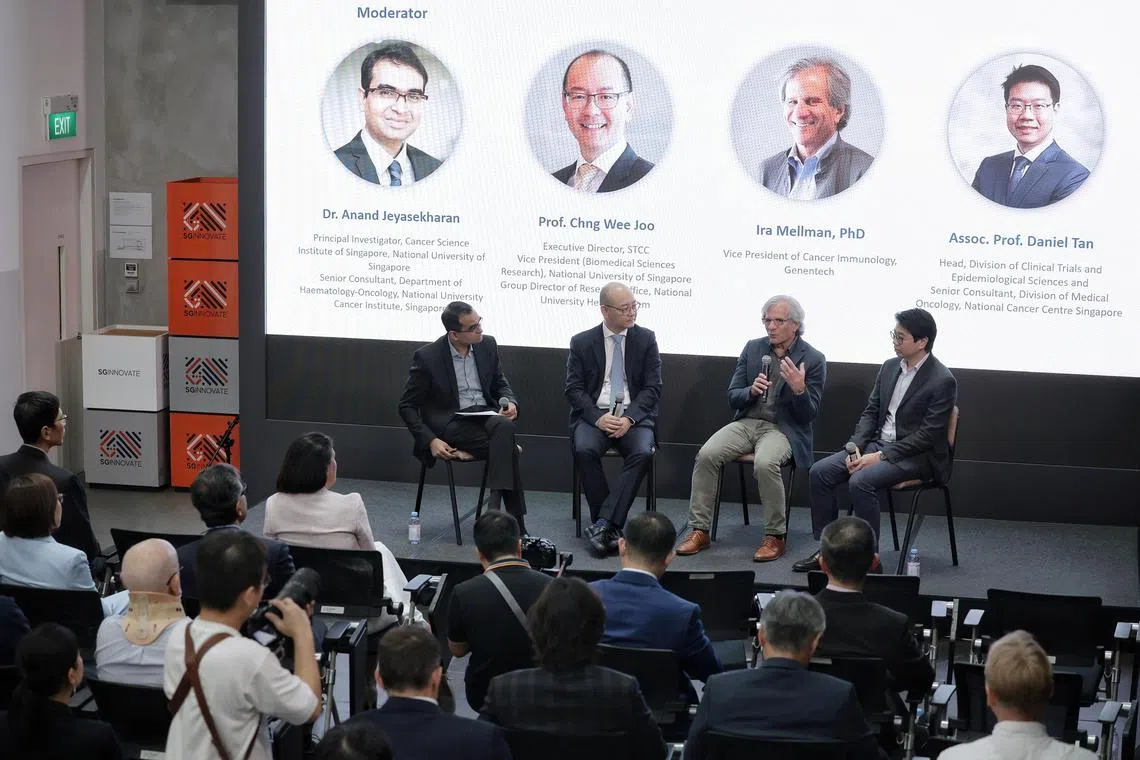 (From left) Moderator Dr Anand Jeyasekharan, principal investigator, Cancer Science Institute of Singapore; Professor Chng Wee Joo, executive director of Singapore Translational Cancer Consortium; Mr Ira Mellman, vice-president of cancer immunology, Genentech; and Associate Professor Daniel Tan, head, Division of Clinical Trials and Epidemiological Sciences, and senior consultant, Division of Medical Oncology, National Cancer Centre Singapore; holding a panel discussion titled Collaborate To Accelerate: Building Networks For Cancer Research And Innovation at SGInnovate on July 24, 2024.