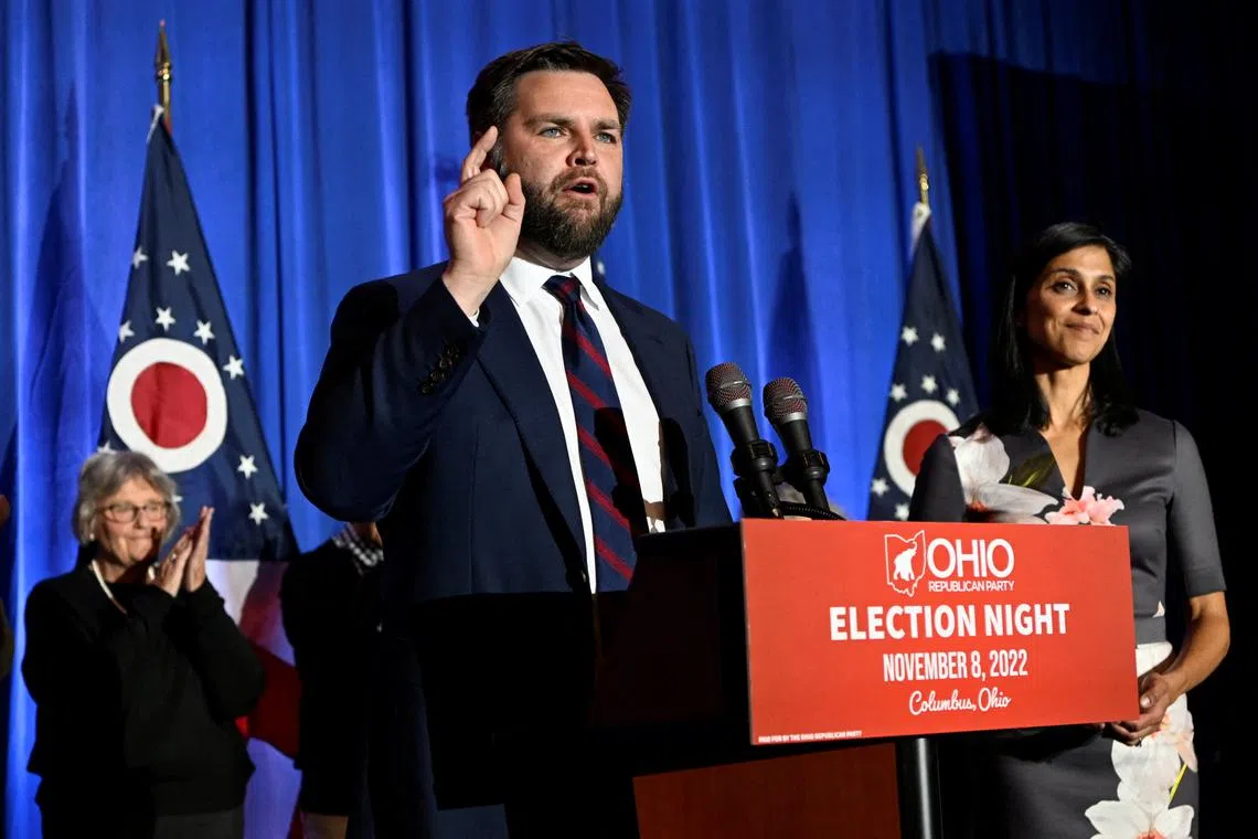 Republican Ohio US Senate candidate J.D. Vance celebrates being declared the winner of his race on Nov 8, 2022.