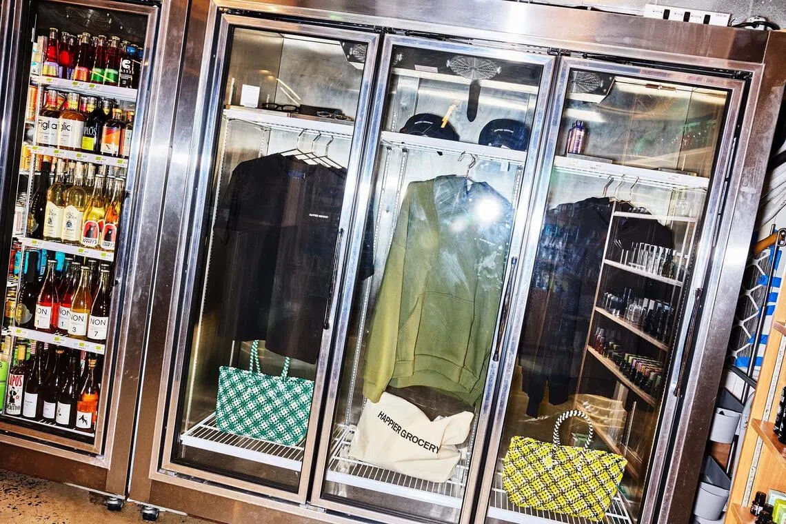 Branded merchandise inside refrigerators in Happier Grocery in New York, Jan. 28, 2026. Happier Grocery is an entry point for people seeking a community built on inside knowledge.