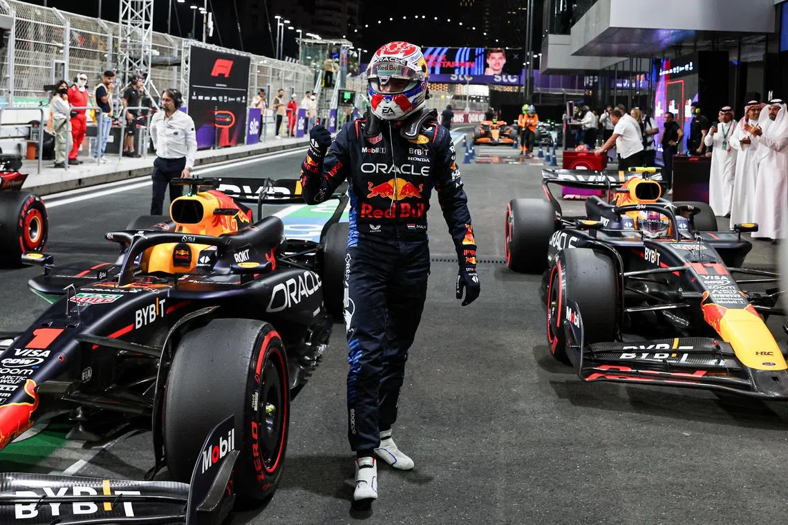 Max Verstappen of Red Bull Racing celebrates after taking the pole position in the qualifying session for the Saudi Arabian Grand Prix.