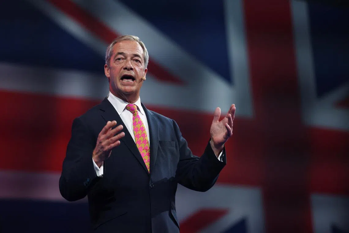 Reform UK party leader Nigel Farage speaks during Britain's Reform UK party's national conference in Birmingham, Britain, September 20, 2024. REUTERS/Hollie Adams/File Photo