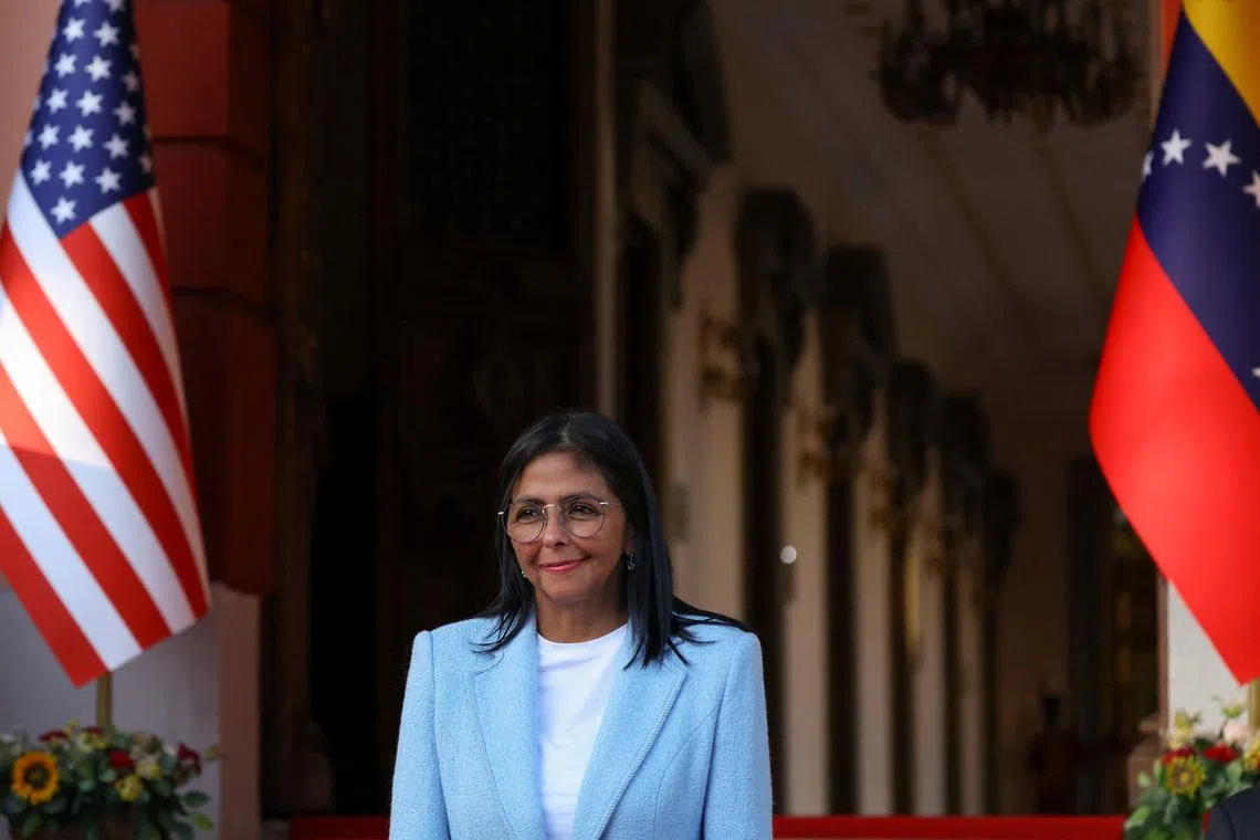 Venezuela's interim President Delcy Rodriguez looks on as U.S. Energy Secretary Chris Wrigh (not pictured) departs following a meeting at Miraflores Palace, marking the highest-level U.S. visit focused on energy policy to the OPEC nation in nearly three decades, as Washington conducts its first on-the-ground assessment of the oil industry it aims to help rebuild, in Caracas, Venezuela, February 11, 2026. REUTERS/Leonardo Fernandez Viloria