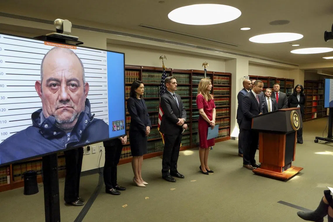 A May 2022 photo shows a press conference announcing the arrest of Dairo Antonio Usuga David, also known as Otoniel.