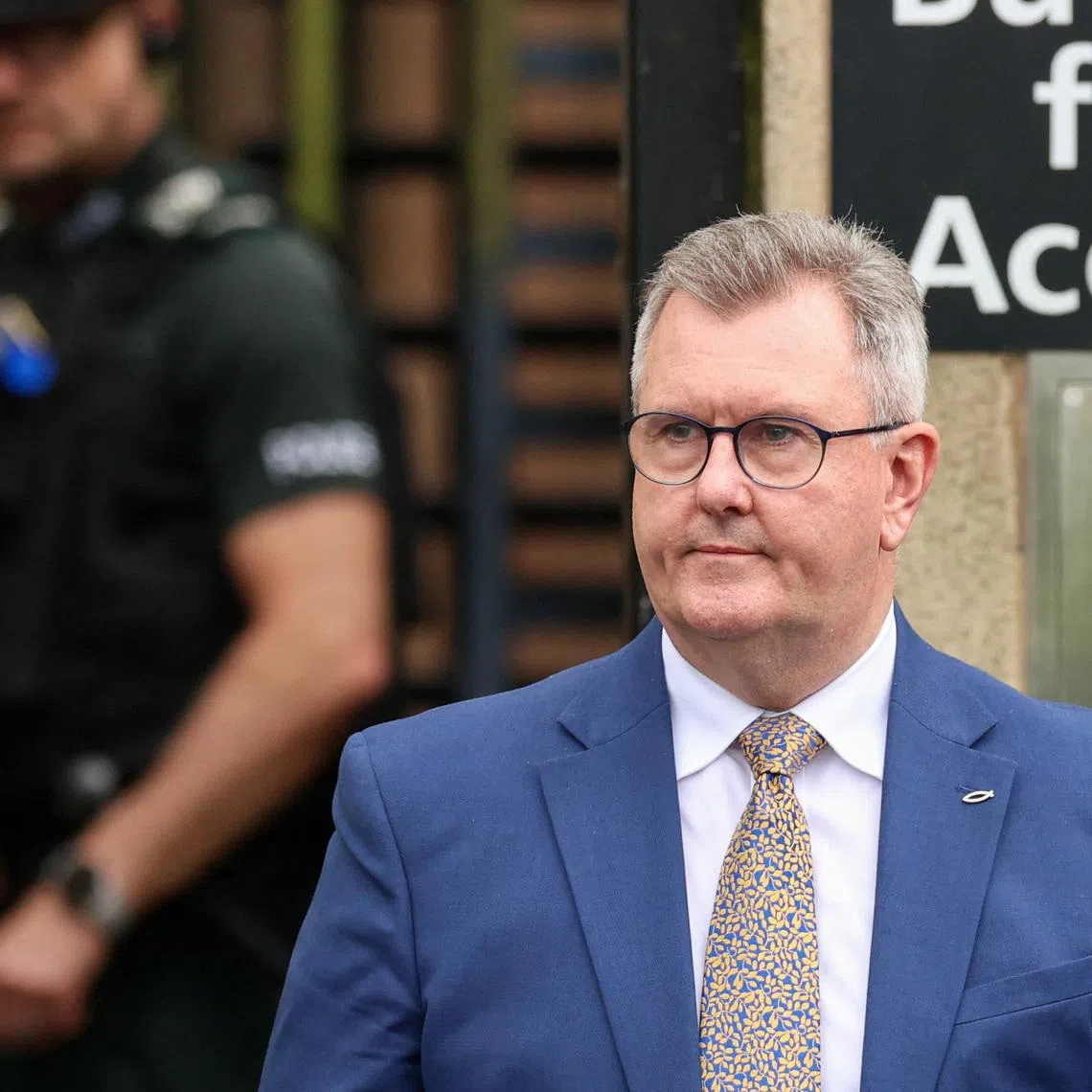 Jeffrey Donaldson, former leader of the Democratic Unionist Party (DUP), charged with historical sex offences, leaves the Newry Courthouse after his trial in Newry, Northern Ireland, June 19, 2026. REUTERS/Cathal McNaughton