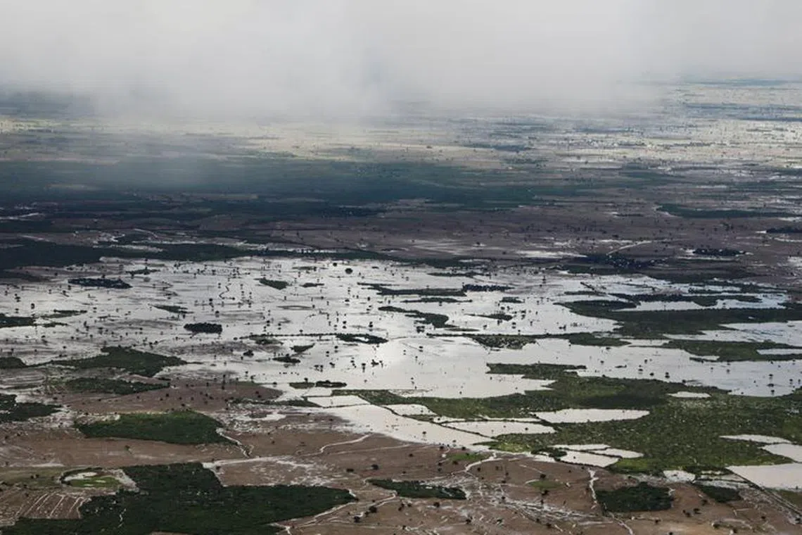 An aerial view shows flooded fields following heavy rains in Baidoa, Somalia, November 16, 2023. REUTERS/Feisal Omar/File Photo