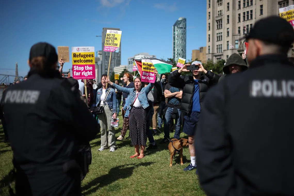 Anti-racism protesters in Liverpool on Aug 10.