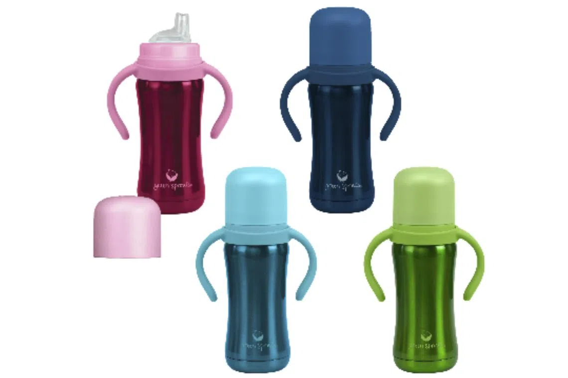 A photo provided by the Consumer Product Safety Commission shows Green Sprouts stainless-steel sippy cups, sip and straw cups and straw bottles that are being recalled. A company has recalled about 10,500 bottles and cups for toddlers over lead poisoning concerns to children if a part of the product breaks off, the U.S. Consumer Product Safety Commission said. (Consumer Product Safety Commission via The New York Times) — NO SALES; FOR EDITORIAL USE ONLY —