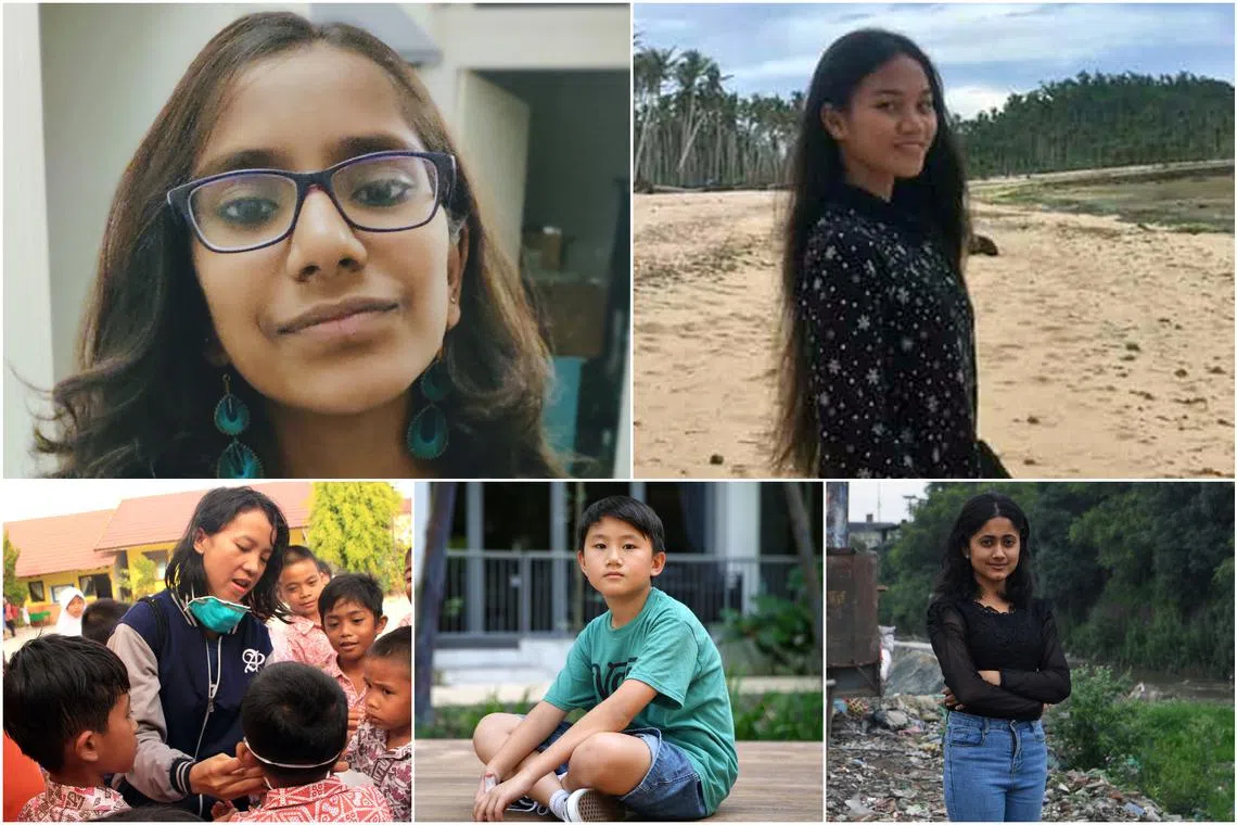 (Clockwise from top left) Ms Meera Sanjiv, Ms Karlette Vasquez, Ms Shristi Karki, eleven-year-old Issac Gao and Ms Sumarni Laman.