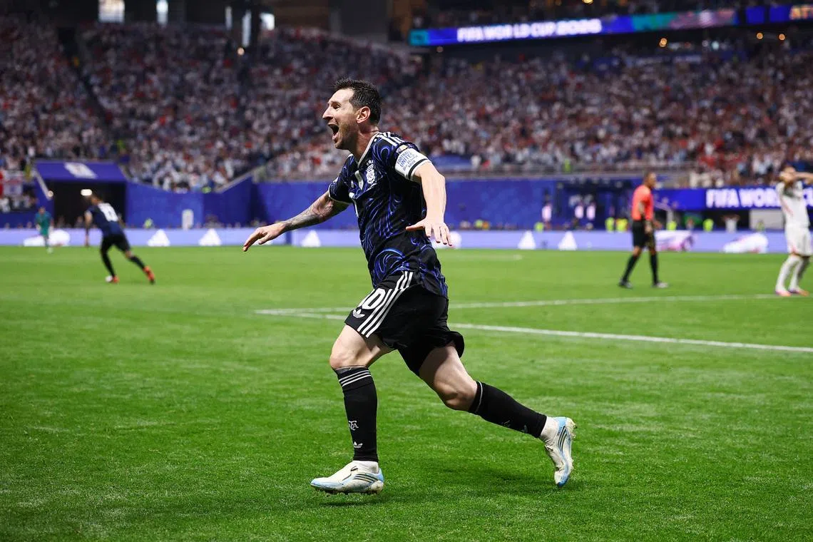 Soccer Football - FIFA World Cup 2026 - Semi Final - England v Argentina - Atlanta Stadium, Atlanta, Georgia, U.S. - July 15, 2026 Argentina's Lionel Messi celebrates after Lautaro Martinez scores their second goal REUTERS/Agustin Marcarian