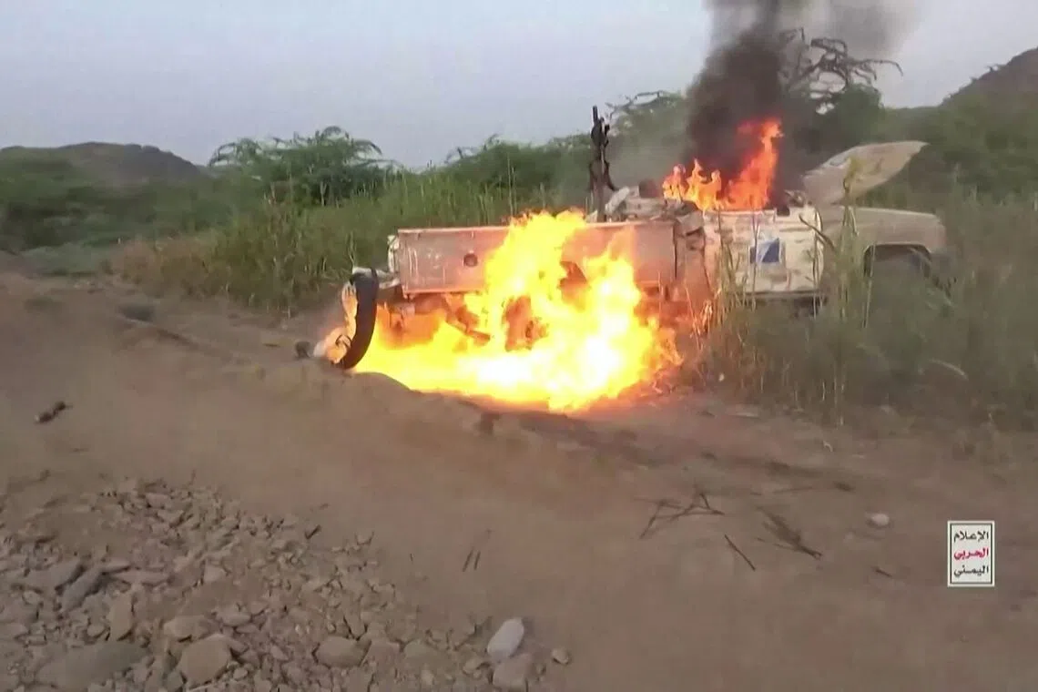 An undated video footage released on Sept 12 purportedly showing a truck belonging to Saudi-backed forces burning after Houthi fighters set it on fire.