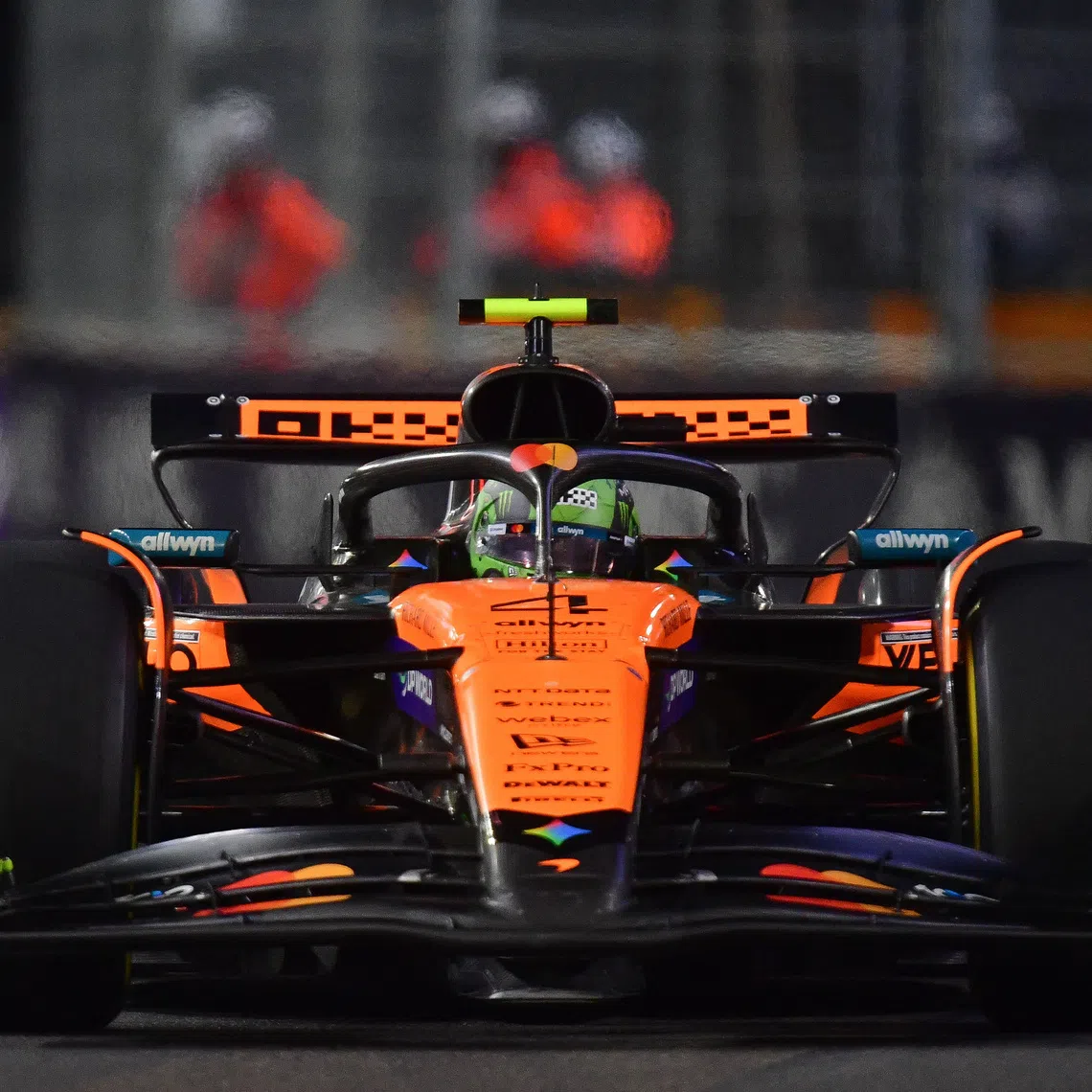 Nov 21, 2025; Las Vegas, NV, USA; McLaren driver Lando Norris (4) during the Las Vegas Grand Prix at Las Vegas Strip Circuit. Gary A. Vasquez-Imagn Images