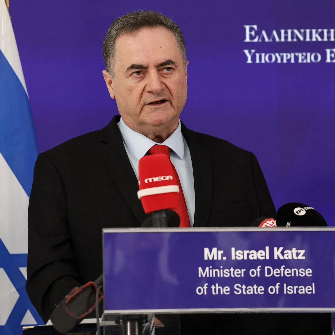 Israel's Defence Minister Israel Katz and his Greek counterpart Nikos Dendias make statements to the press,  at the Ministry of Defence in Athens Greece, January 20, 2026. REUTERS/Louisa Gouliamaki/File Photo