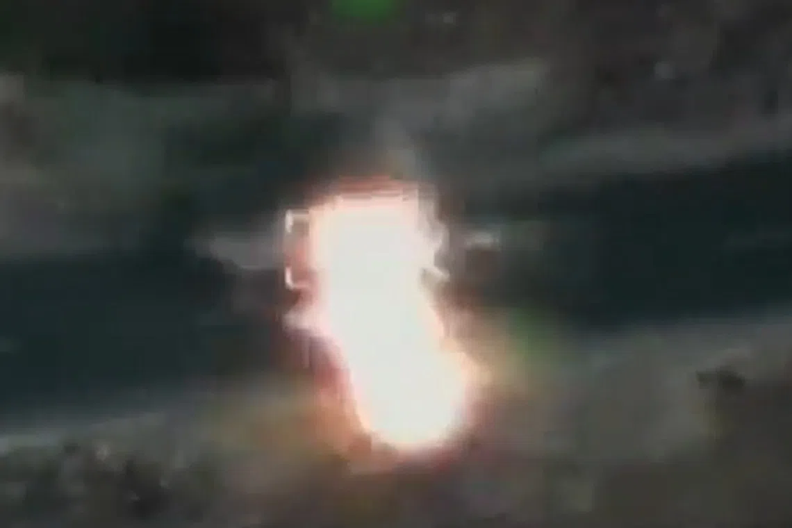 A screenshot from a video circulating online that is said to show the Israeli strike on Quds Force member Hussein Mahmud Marshad al-Jawhari.