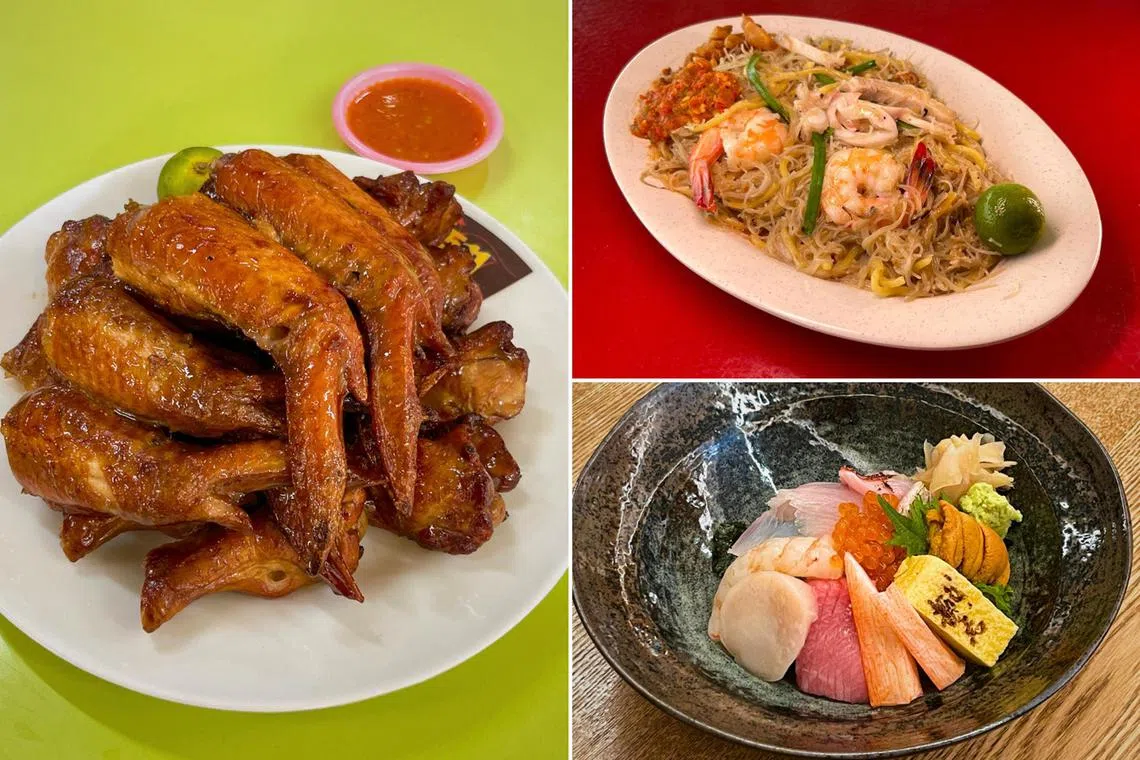 Barbecued chicken wings at Bedok 511 BBQ Chicken Wing, Hokkien prawn mee at Davis Prawn Court and Kyoten's Kaisen Chirashi. 