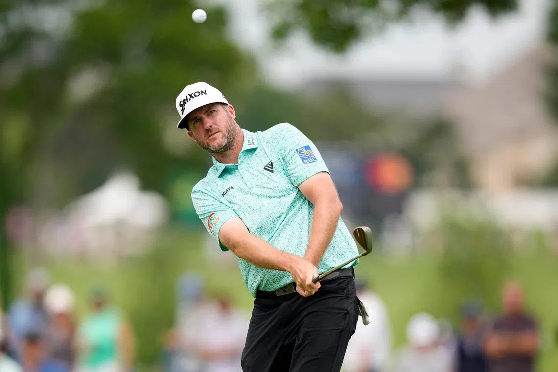 Canada's Taylor Pendrith chipping on the ninth hole during the third round of The CJ CUP Byron Nelson at TPC Craig Ranch on May 4.