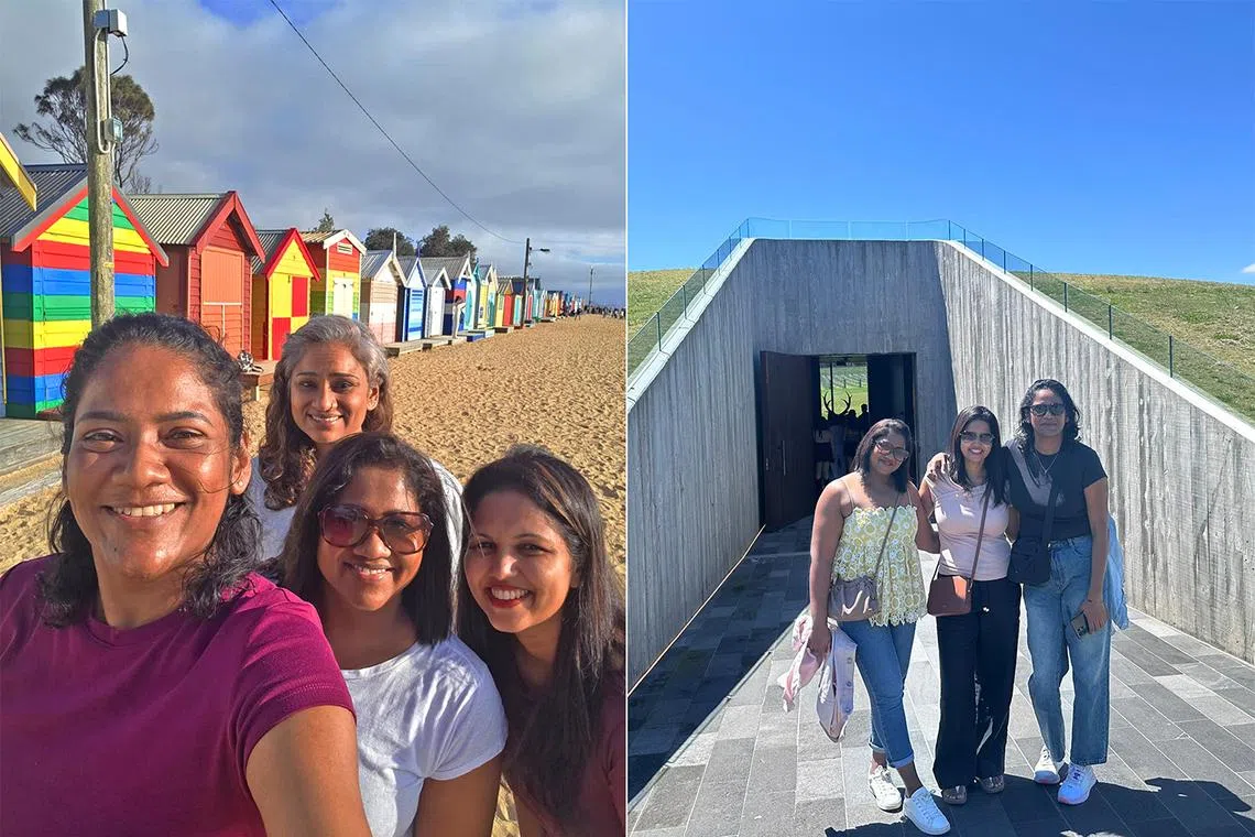 Four Asian Singaporean women standing outside the Melbourne Brighton Bathing Boxes and a vineyard in Victoria, Australia. 