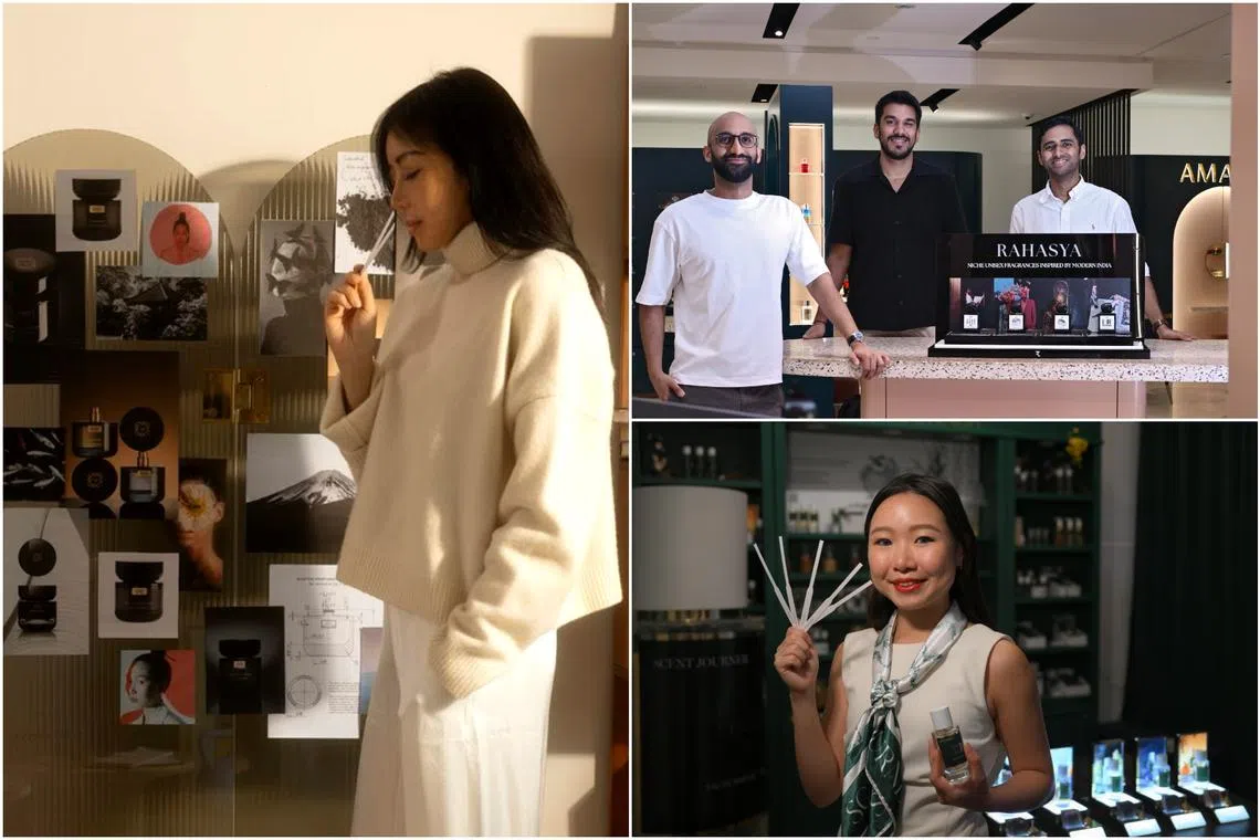 (Clockwise from left) Maison de L’Asie founder Elizabeth Liau; founders of Rahasya Fragrances Sachit Sood, Utkarsh Vijayvargiya and Sai Pogaru; and Scent Journer founder Joyce Lian.