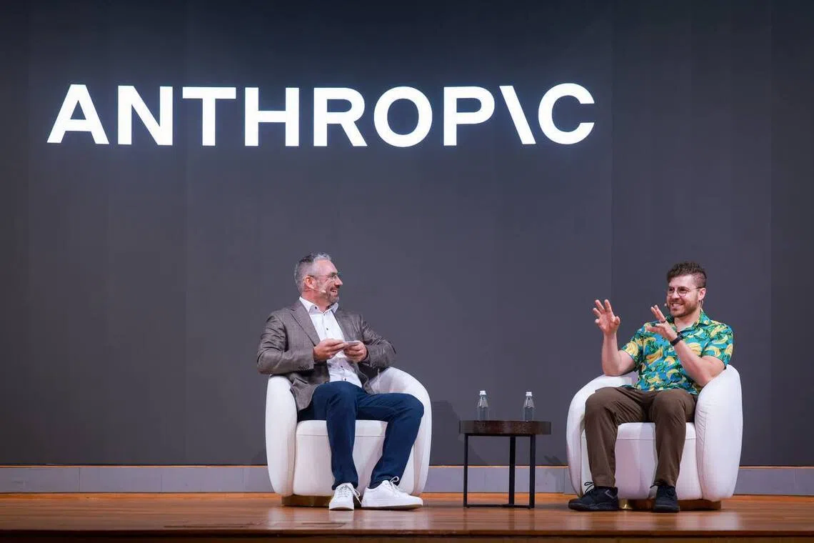 Anthropic’s ASEAN general manager Dale Finlay (left) and co-founder Benjamin Mann speaking at an event at Capella Singapore on Oct 14.