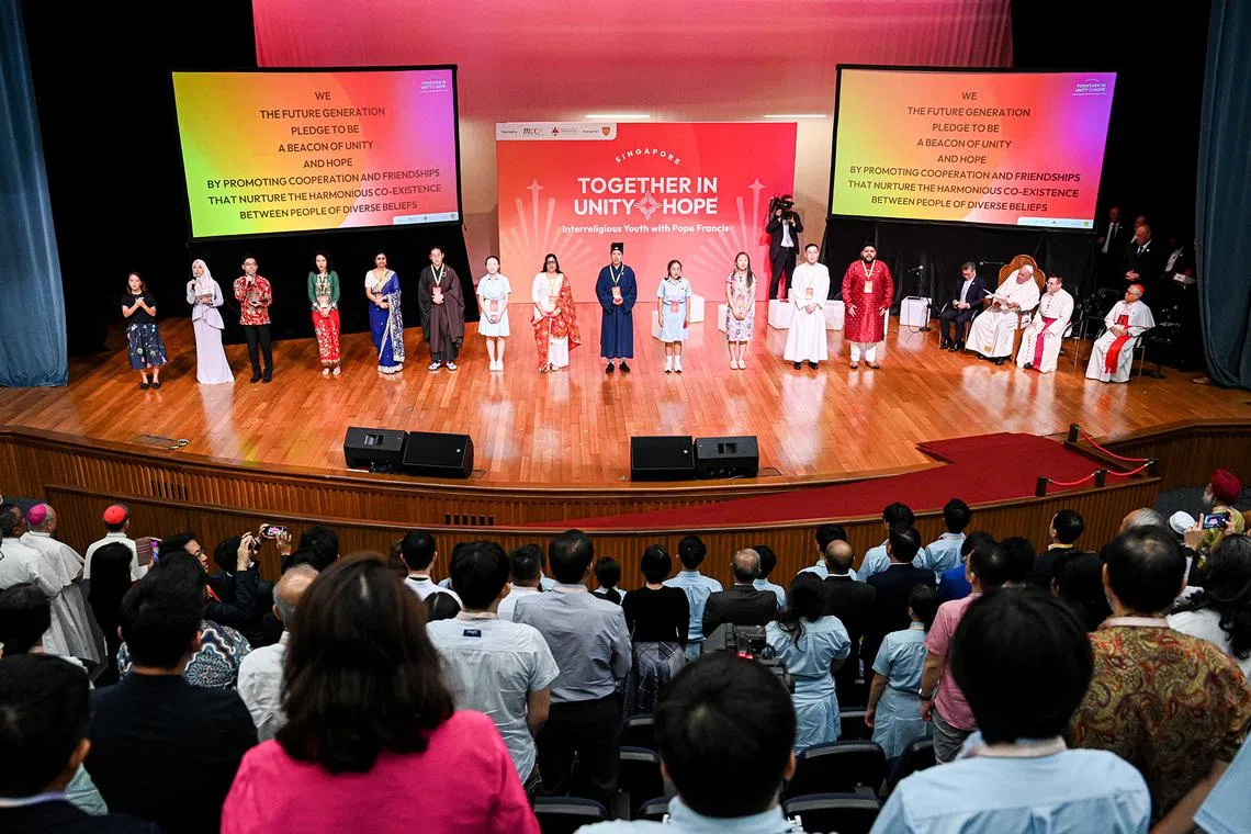 Pope Francis attends an interfaith dialogue held at Catholic Junior College on September 13, 2024.