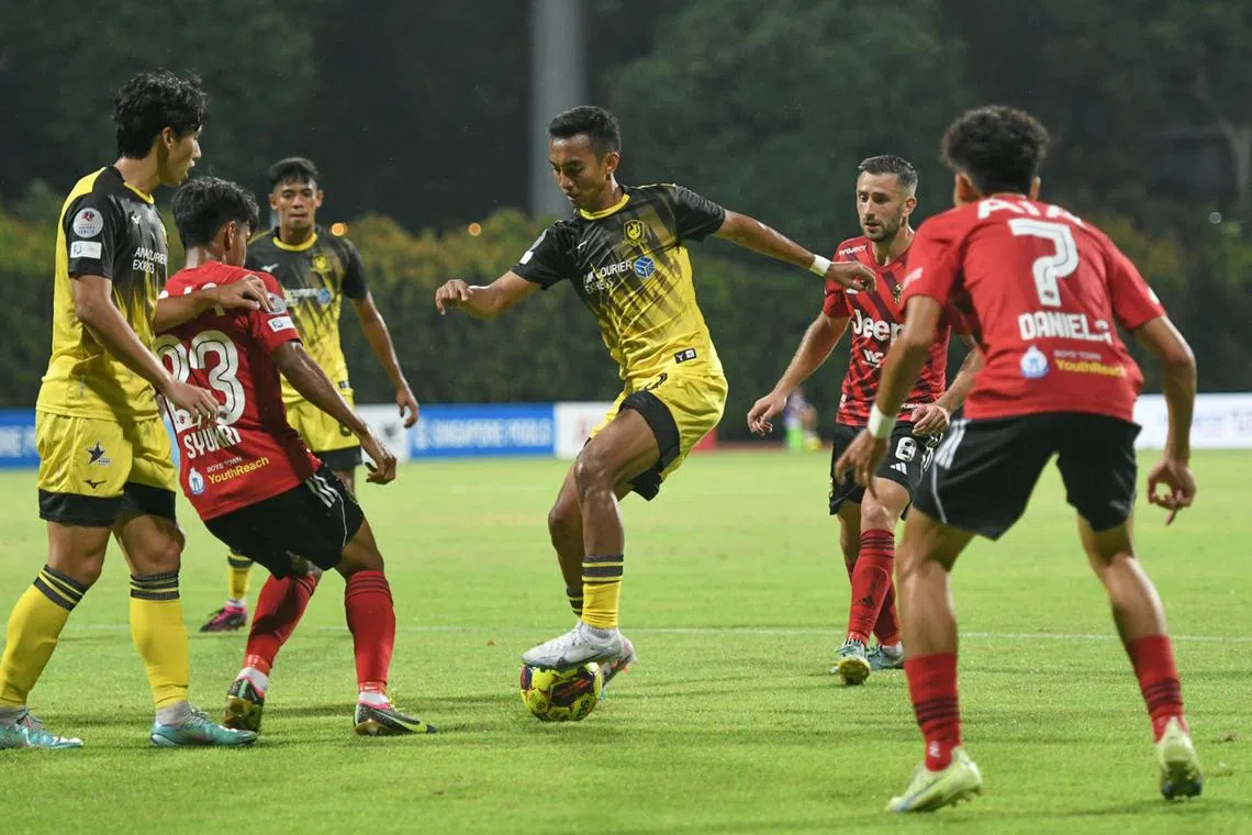 Faris Ramli (on the ball) surrounded by three Balestier Khalsa players. The 30-year-old scored his fourth league goal as Tampines Rovers triumphed 3-1 at Bishan Stadium on March 14, 2023.